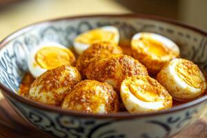 A bowl of eggs on a table photo