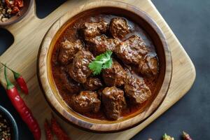 Indian beef curry in a wooden bowl photo