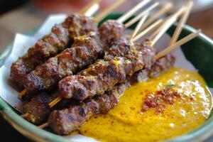 A bowl of food with skewers on top of it photo