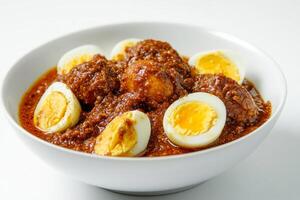 A bowl of curry with eggs and meat photo