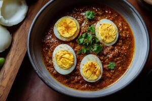 A bowl of curry with eggs and a spoon photo