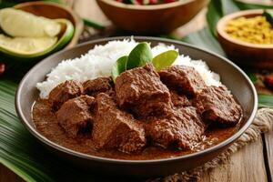 Indian beef curry with rice and vegetables photo