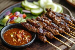 Grilled meat skewers with sauce on a wooden table photo