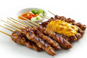 A plate with several skewers of meat and sauce photo