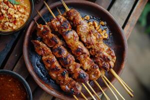 Thai food on skewers with sauce and dipping sauce photo