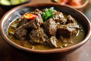 A bowl of curry with meat and vegetables photo