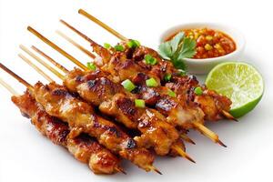 Chicken satay on skewers with lime and sauce photo