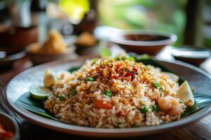 A plate of fried rice with shrimp and vegetables photo