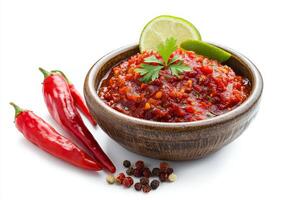Chili sauce in a bowl with lime and spices photo