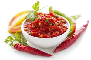 A bowl of chili sauce with peppers and herbs photo