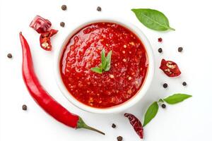 Chili sauce in a bowl with pepper and spices on a white background photo