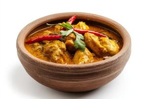 A bowl of curry with red chili and cilantro photo