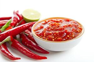 A bowl of chili sauce with a lime and chili pepper photo
