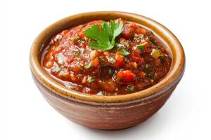 A bowl of salsa with a sprig of parsley photo