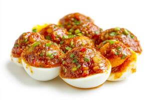 A close up of a dish of deviled eggs photo
