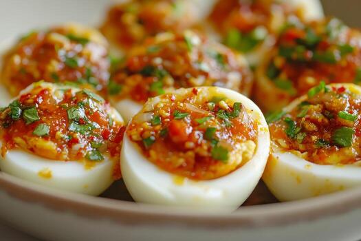 A bowl filled with deviled eggs with sauce and herbs photo
