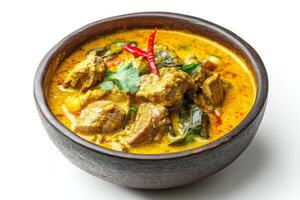 A bowl of curry with meat and vegetables photo