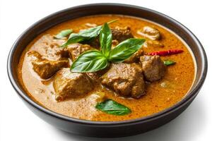 Thai curry with beef and basil leaves in a bowl photo