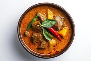 Thai curry with beef and vegetables in a bowl photo