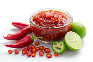 A jar of chili sauce with lime and chili peppers photo