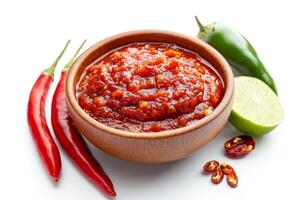 Chili sauce in a bowl with lime and chili peppers photo