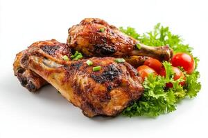 Grilled chicken legs with tomatoes and lettuce on a white background photo