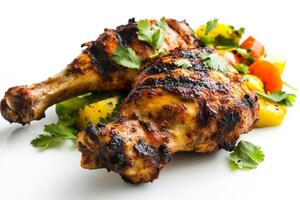 Grilled chicken legs with vegetables on a white plate photo