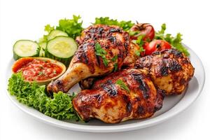 Grilled chicken legs with vegetables and sauce on a white plate photo