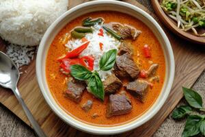 Thai beef curry with rice and vegetables photo