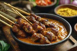Chicken satay skewers in curry sauce photo