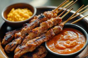 A plate with skewers of meat and sauce photo