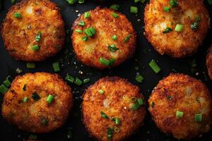 A group of fried potato cakes with green onions photo