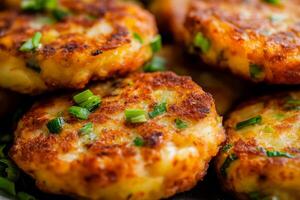 Close up of a plate of potato cakes with green onions photo
