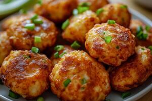 A plate of baked cheese balls with green onions photo