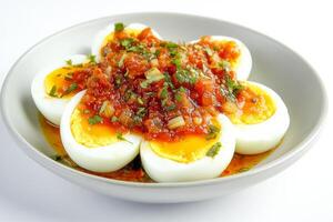 A bowl of eggs with salsa and herbs photo