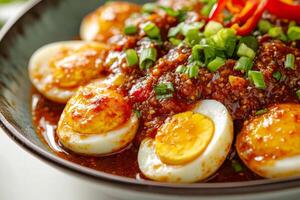 A bowl of eggs with sauce and green onions photo