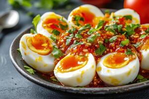 A bowl of hard boiled eggs with sauce and herbs photo