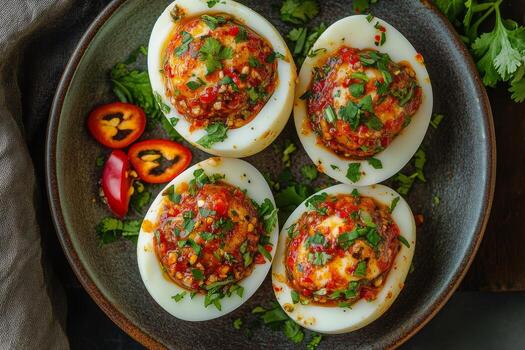 Deviled eggs with chili and cilantro photo