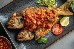 Two fish are on a plate with tomato sauce photo