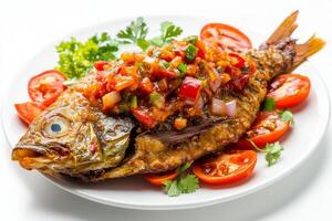 A fish with tomatoes and herbs on it photo