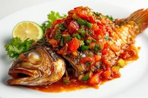 A fish with a tomato sauce on it photo