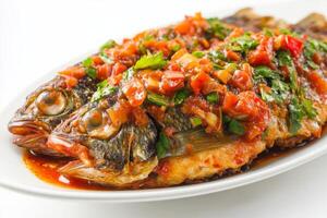 A plate of fish with sauce and herbs photo