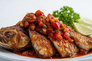 A plate of fish with sauce and lime wedges photo