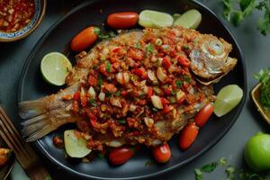 A large fish with a sauce on it photo