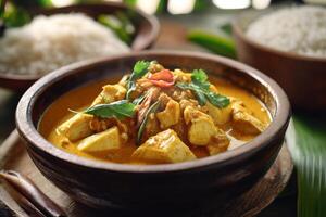 Chicken curry in a bowl with rice and vegetables photo