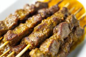 A close up of a plate with meat on skewers photo