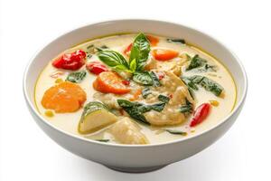A bowl of soup with vegetables and chicken photo