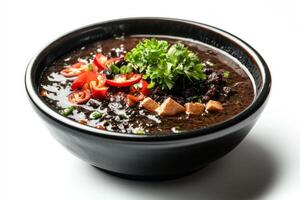 A bowl of black rice with meat and vegetables photo