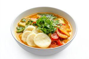 A bowl of soup with dumplings and vegetables photo