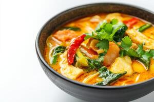 A bowl of curry with vegetables and herbs photo